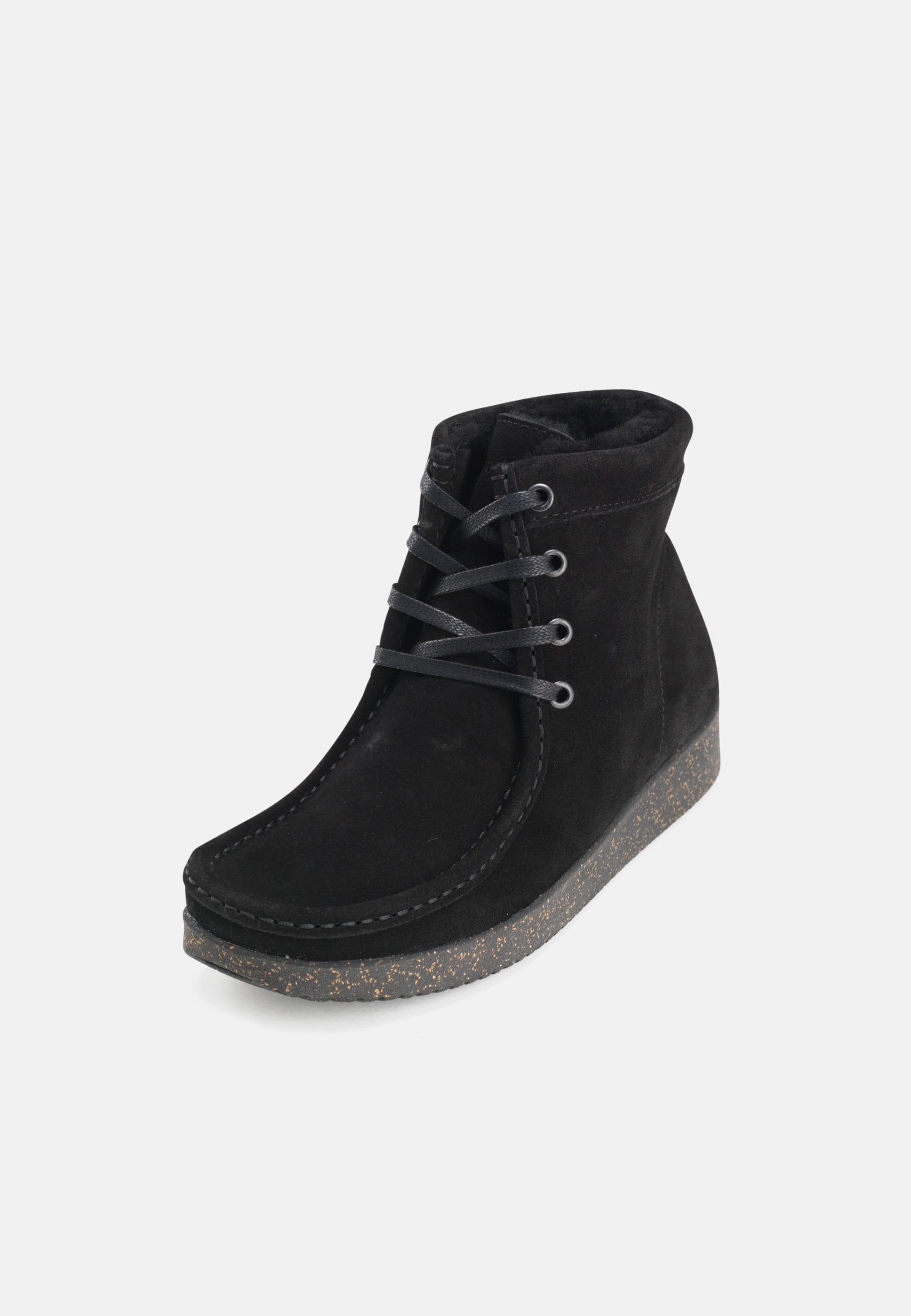 Nature Footwear Asta varmforet Snørestøvle Suede læder i farve Black med lammeskindsfor og ydersål af naturgummi med korkrester