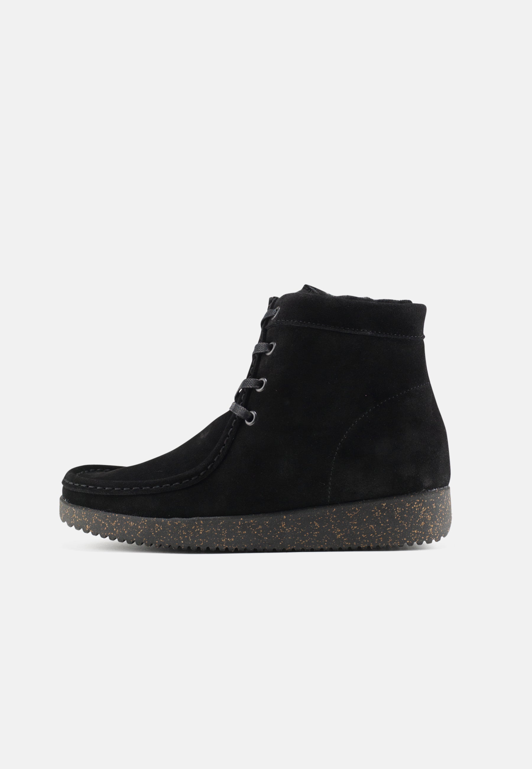 Nature Footwear Asta varmforet Snørestøvle Suede læder i farve Black med lammeskindsfor og ydersål af naturgummi med korkrester