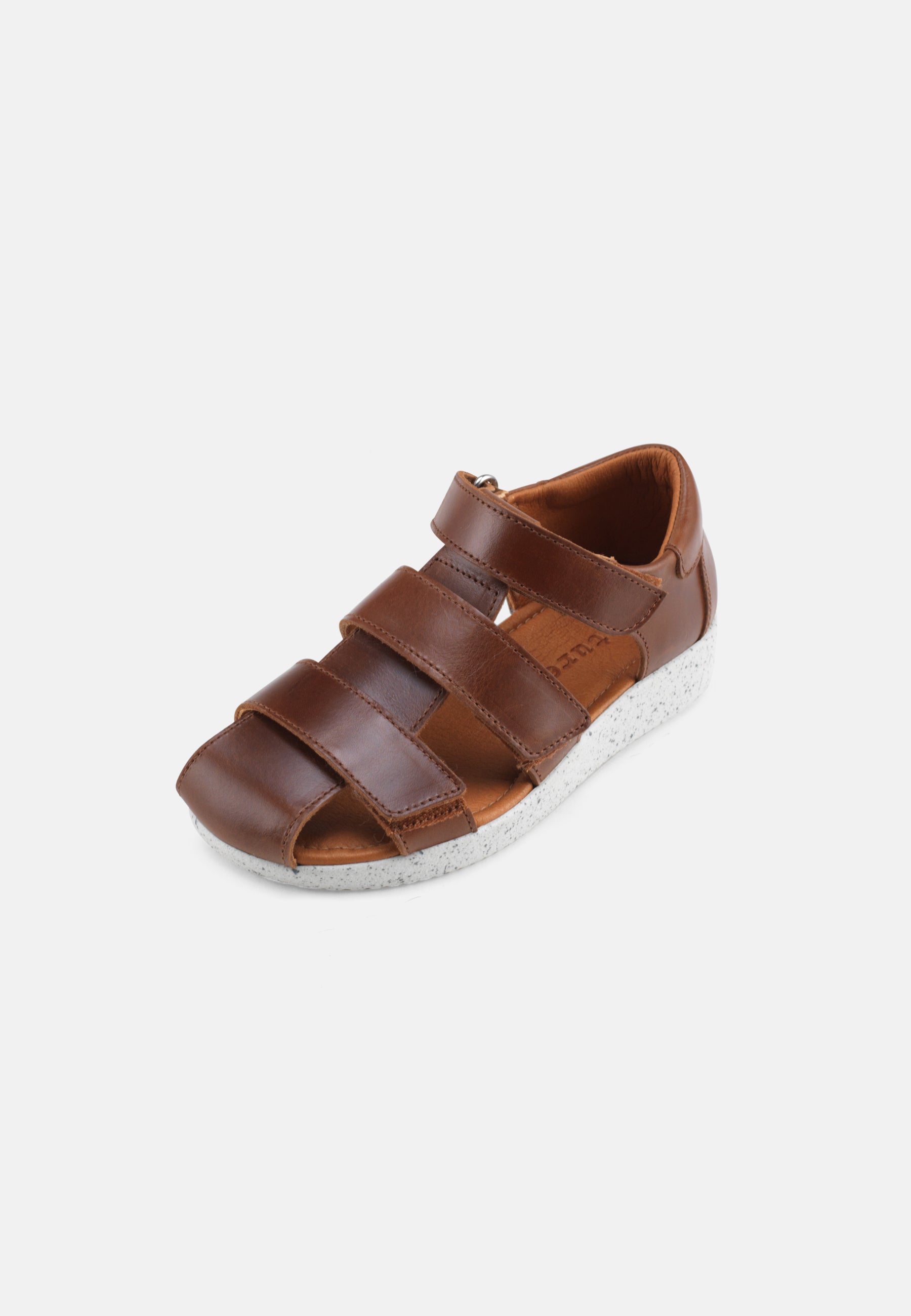 Nature Footwear Birk børnesandal i skind farve Tobacco med justerbare remme og hvid PU sål