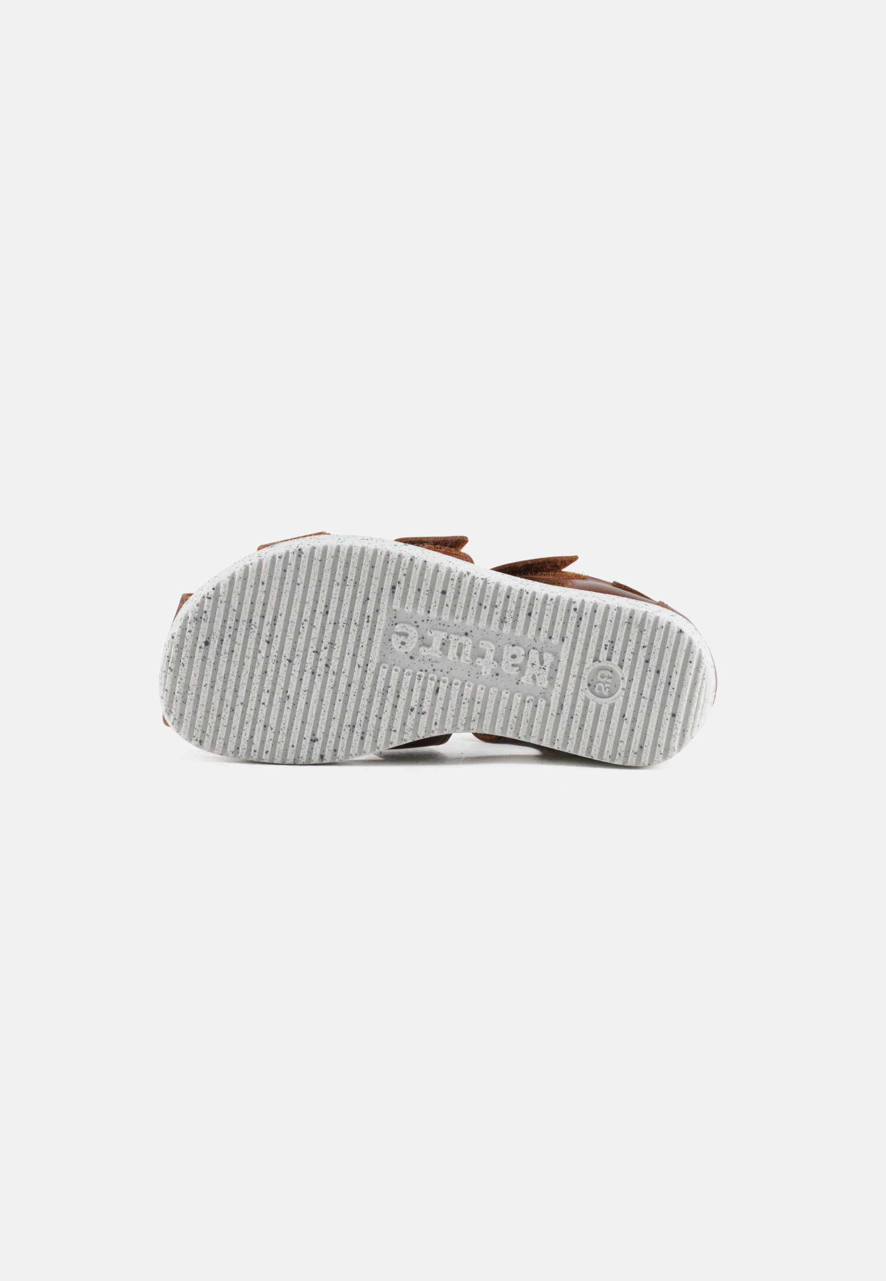 Nature Footwear Birk børnesandal i skind farve Tobacco med justerbare remme og hvid PU sål