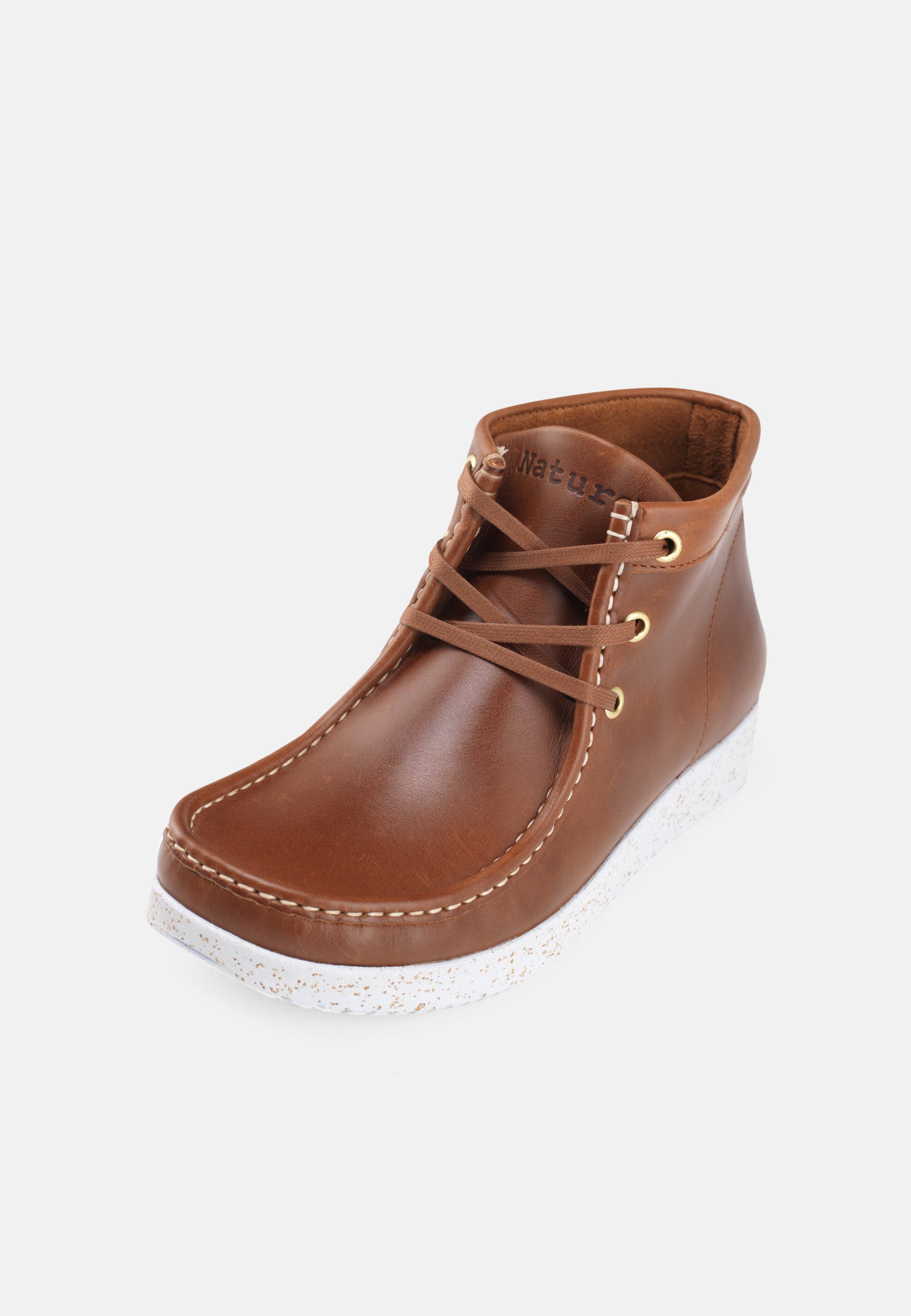 Nature Footwear Emma Snørestøvle Læder farve tobacco med ydersål i hvid naturgummi med korkrester 