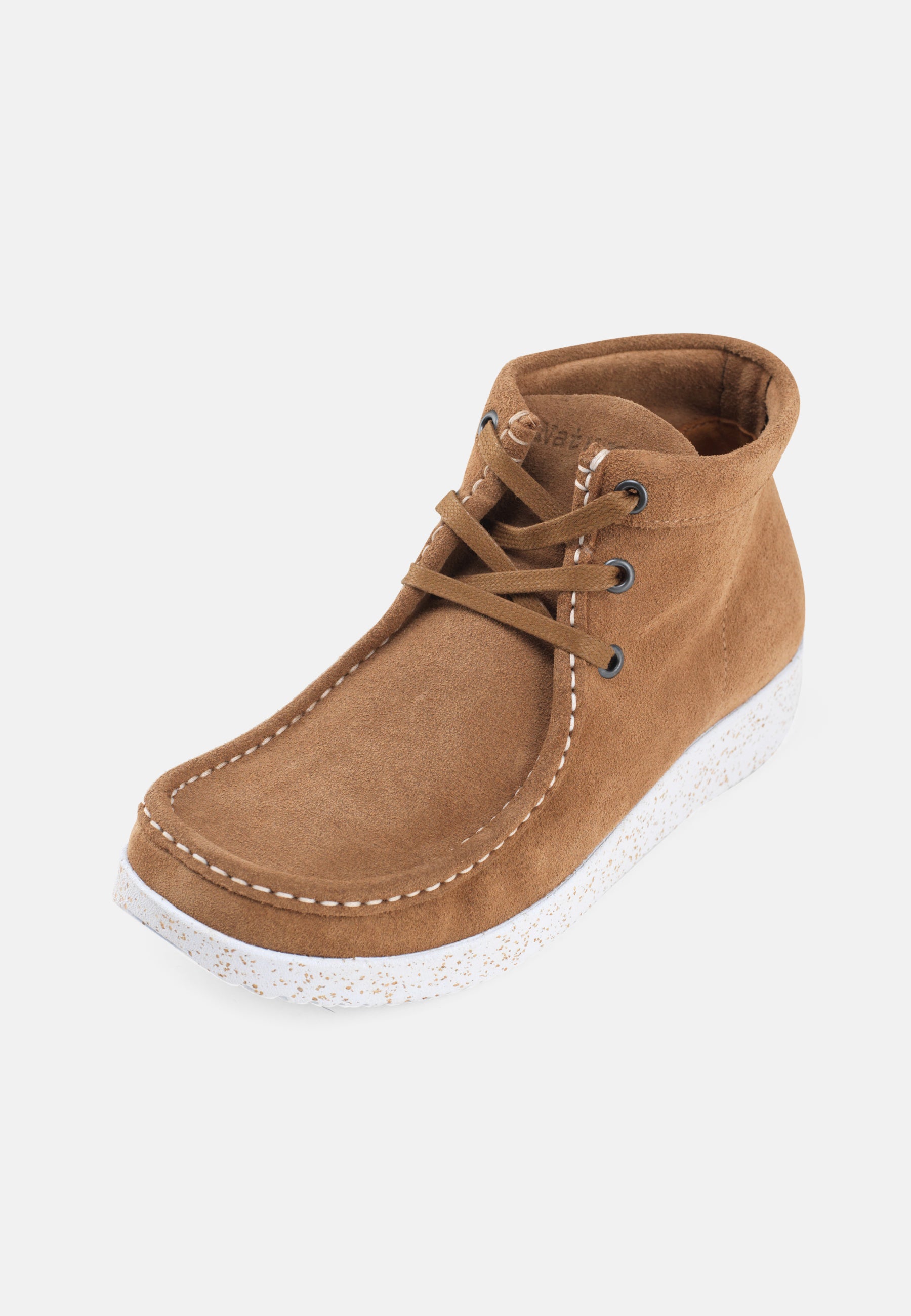 Nature Footwear Emma Snørestøvle Suede Læder farve Toffee med ydersål i hvid naturgummi med korkrester 