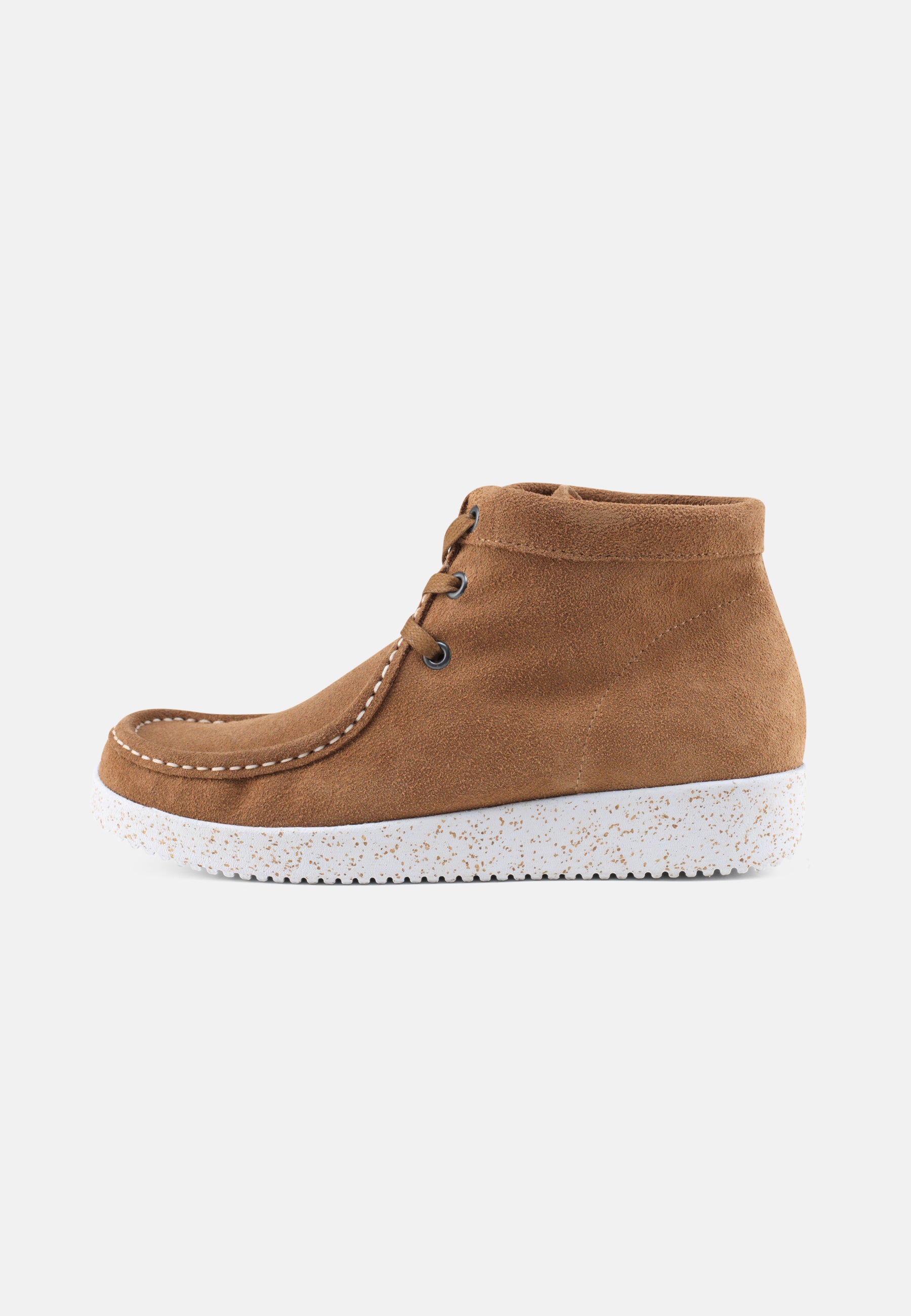 Nature Footwear Emma Snørestøvle Suede Læder farve Toffee med ydersål i hvid naturgummi med korkrester 