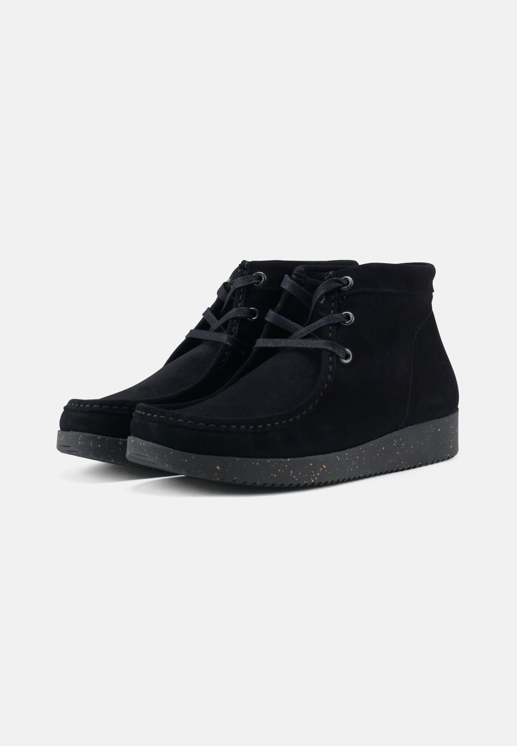 Nature Footwear Emma Snørestøvle Suede læder farve Sort med ydersål i sort naturgummi med korkrester 