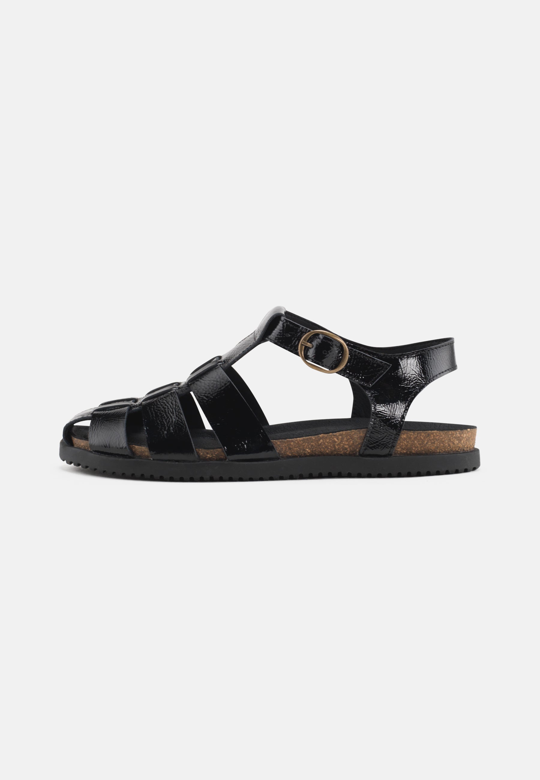 Nature Footwear Malene Fisherman Sandal Lak læder farve Black med kork fodseng og ydersål af naturgummi 