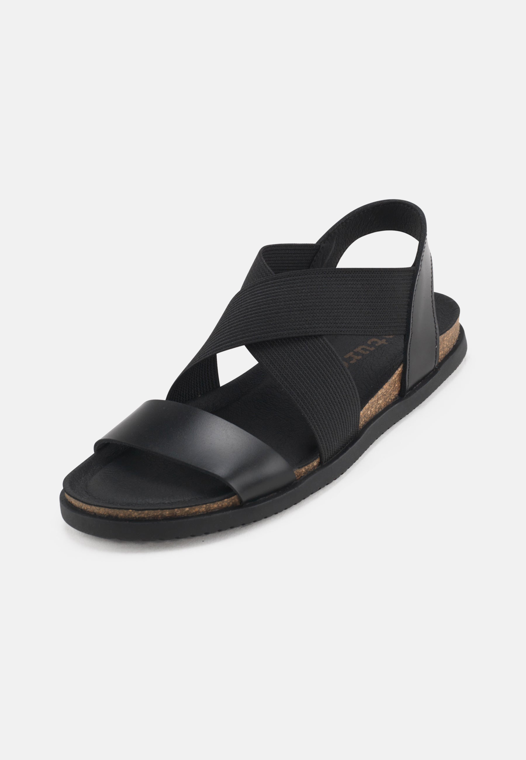 Nature Footwear Mona Sandal Læder med krydsende elastikker farve Black med fodseng af kork og ydersål af naturgummi