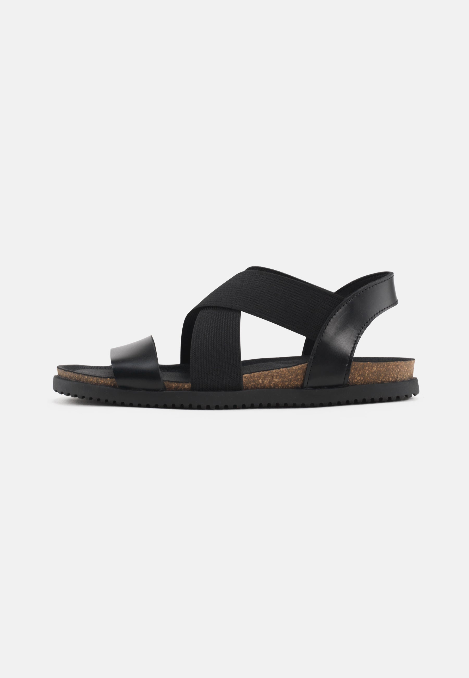 Nature Footwear Mona Sandal Læder med krydsende elastikker farve Black med fodseng af kork og ydersål af naturgummi