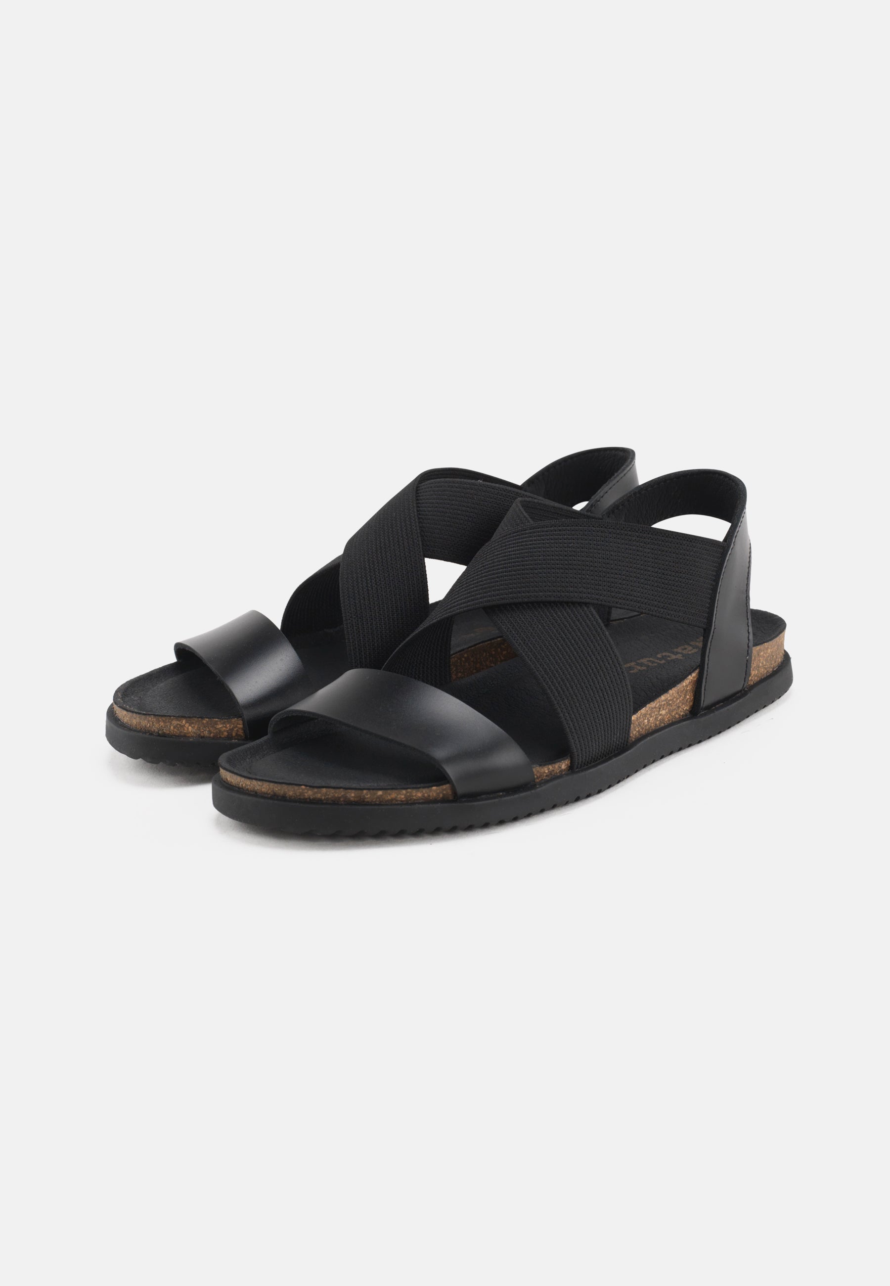 Nature Footwear Mona Sandal Læder med krydsende elastikker farve Black med fodseng af kork og ydersål af naturgummi