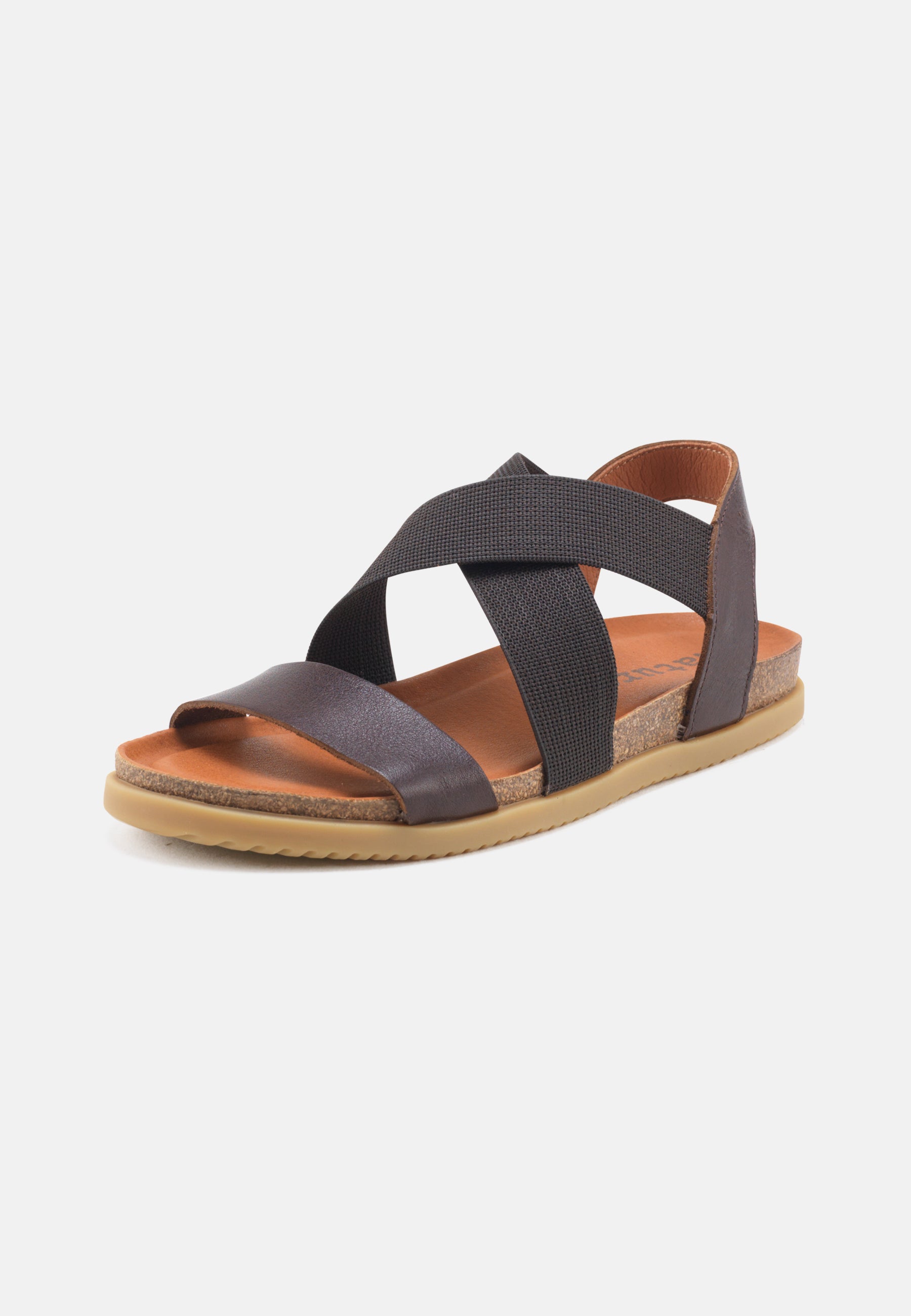 Nature Footwear Mona Sandal Læder med krydsende elastikker farve Coffee med fodseng af kork og ydersål af naturgummi