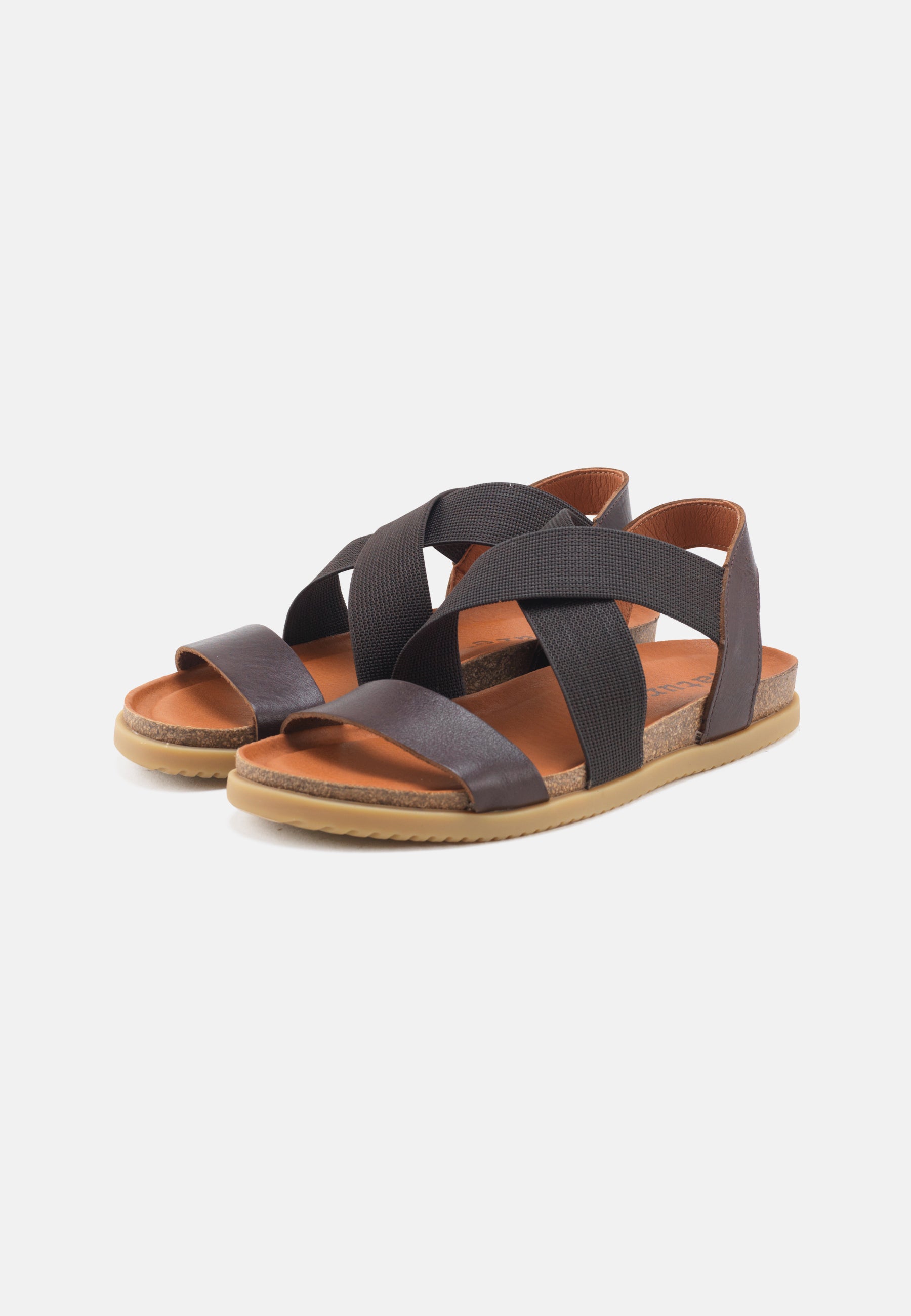 Nature Footwear Mona Sandal Læder med krydsende elastikker farve Coffee med fodseng af kork og ydersål af naturgummi